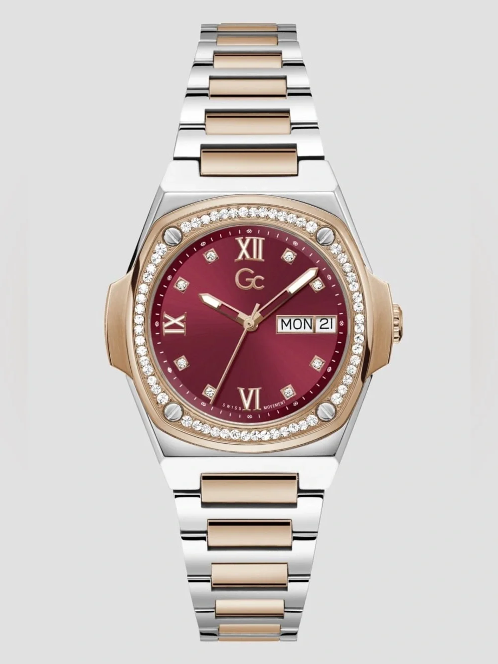 New Gc Two-Tone Bracelet Watch with Burgundy Dial